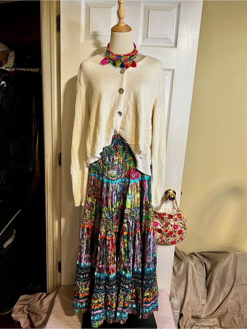 TravelSmith Wms Colorful Cotton Patchwork Tiered Paisley Boho Gypsy Maxi Skirt M